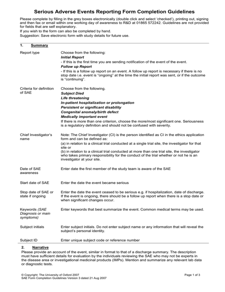 Serious Adverse Events Reporting Form Completion Guidelines