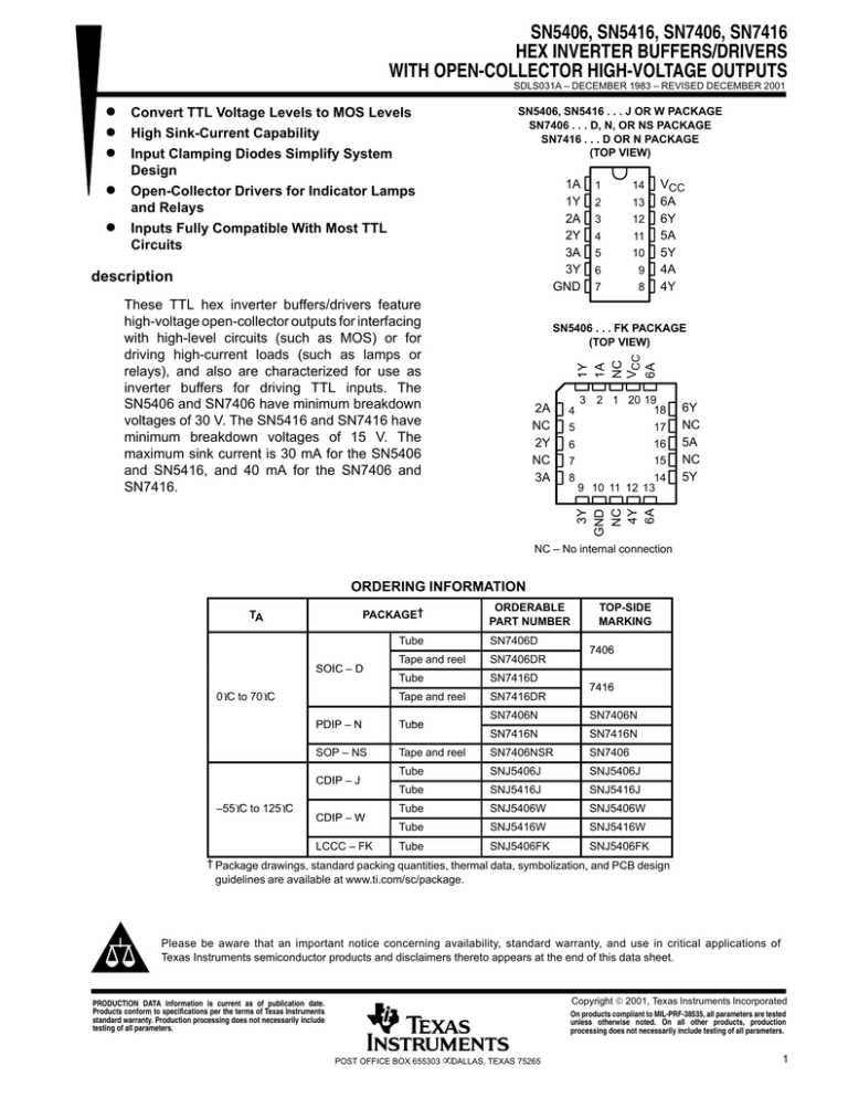 Hex Inverter Buffers Drivers With Open Collector