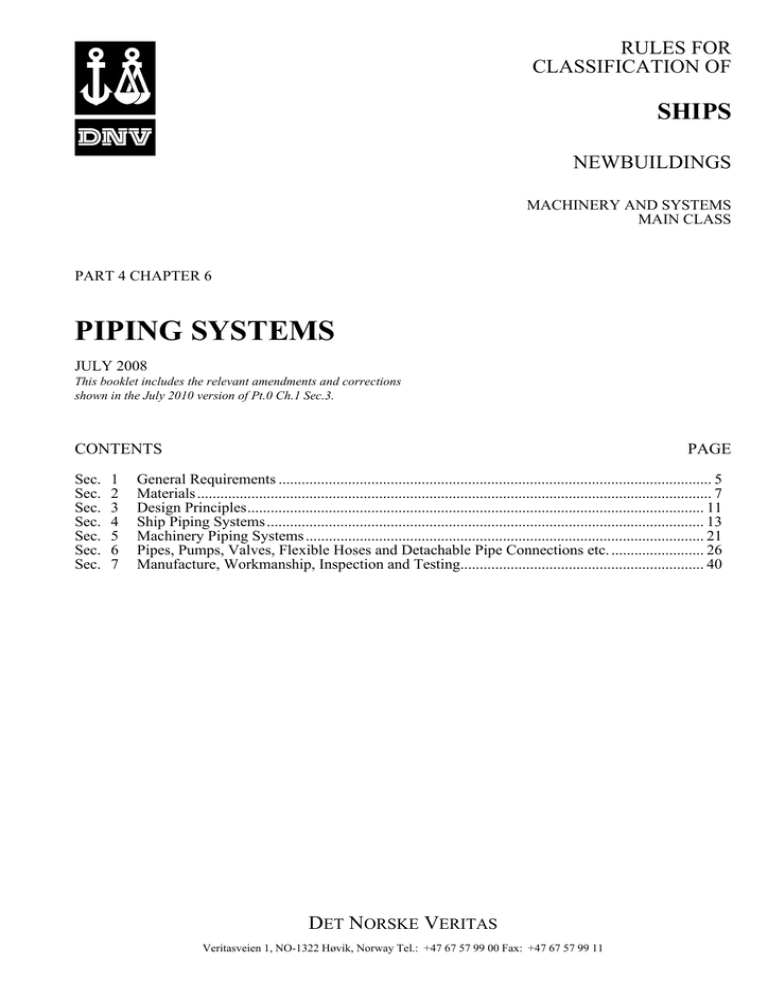 DNV Ship Rules Pt 4 Ch 6 Piping Systems