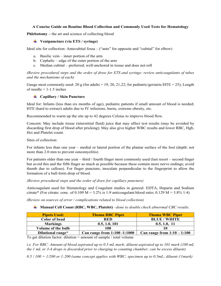 A Concise Guide On Routine Blood Collection And Tests For Hematology