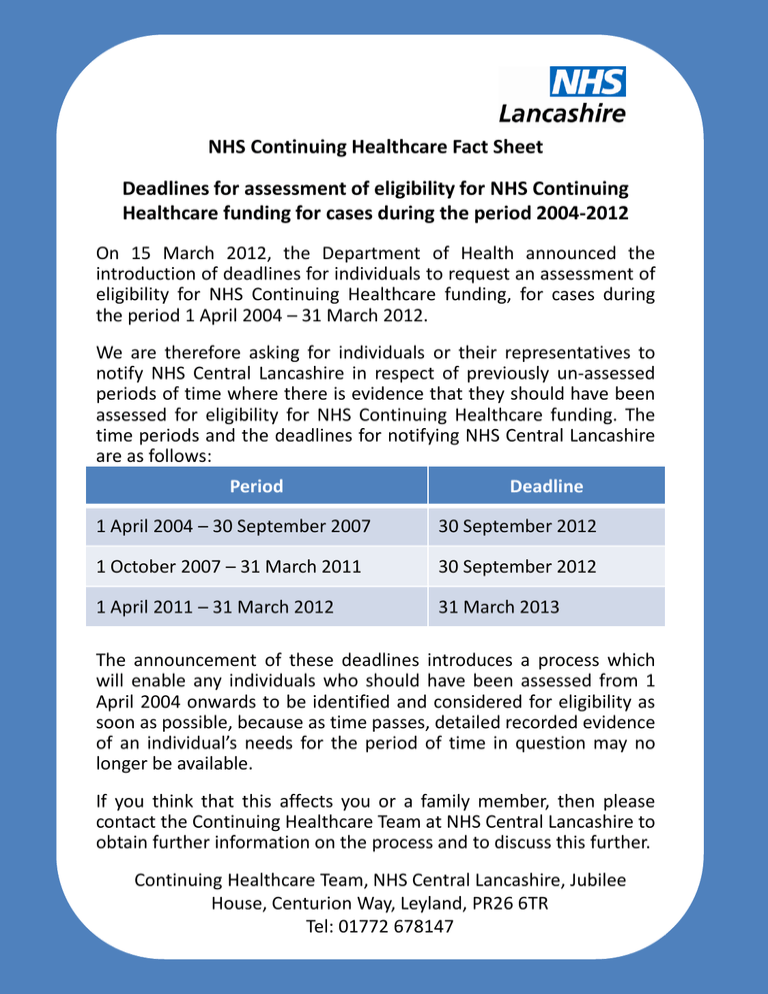 nhs continuing healthcare fact sheet nhs continuing healthcare fact sheet