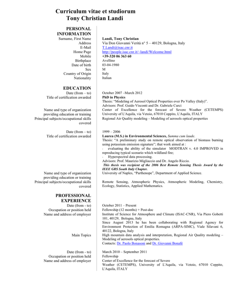 Curriculum vitae et studiorum Tony Christian Landi - ISAC