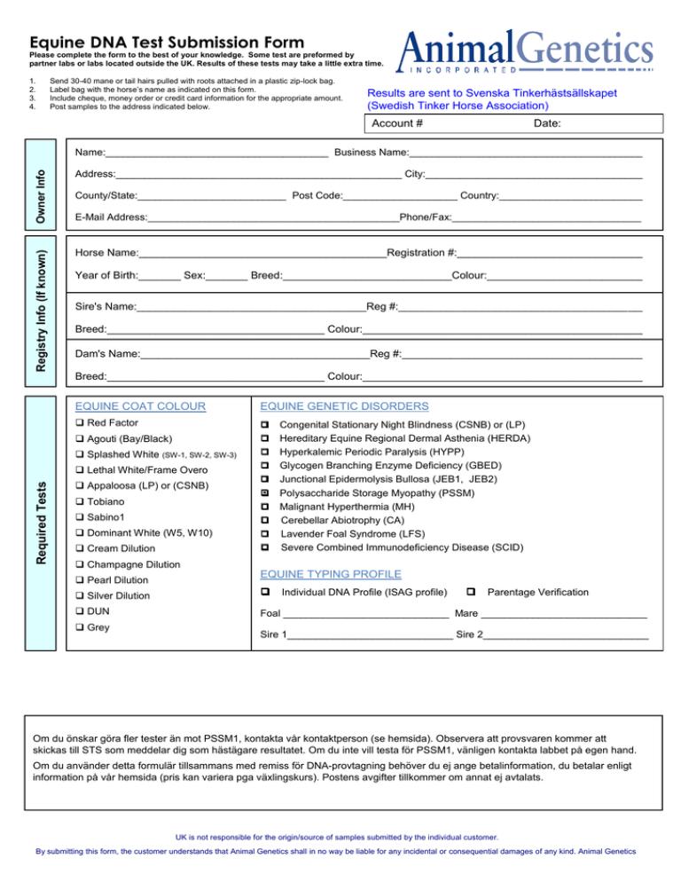 Equine DNA Test Submission Form