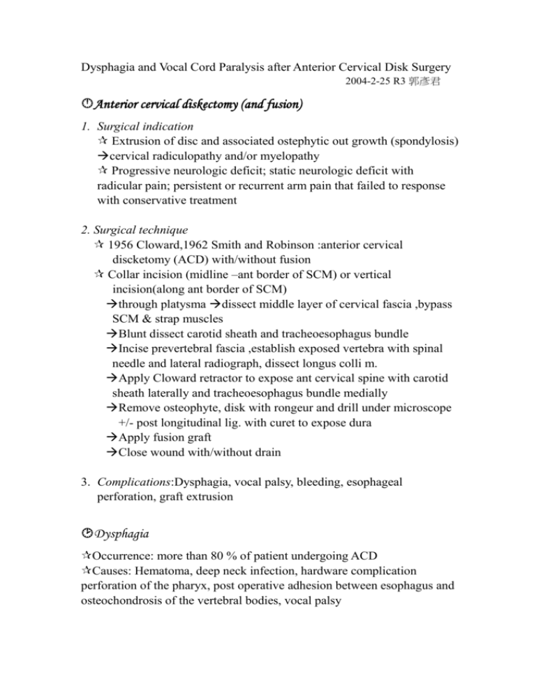 Dysphagia And Vocal Cord Paralysis After Anterior Cervical Disk