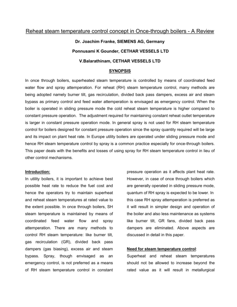 Reheat steam temperature control concept in Oncethrough
