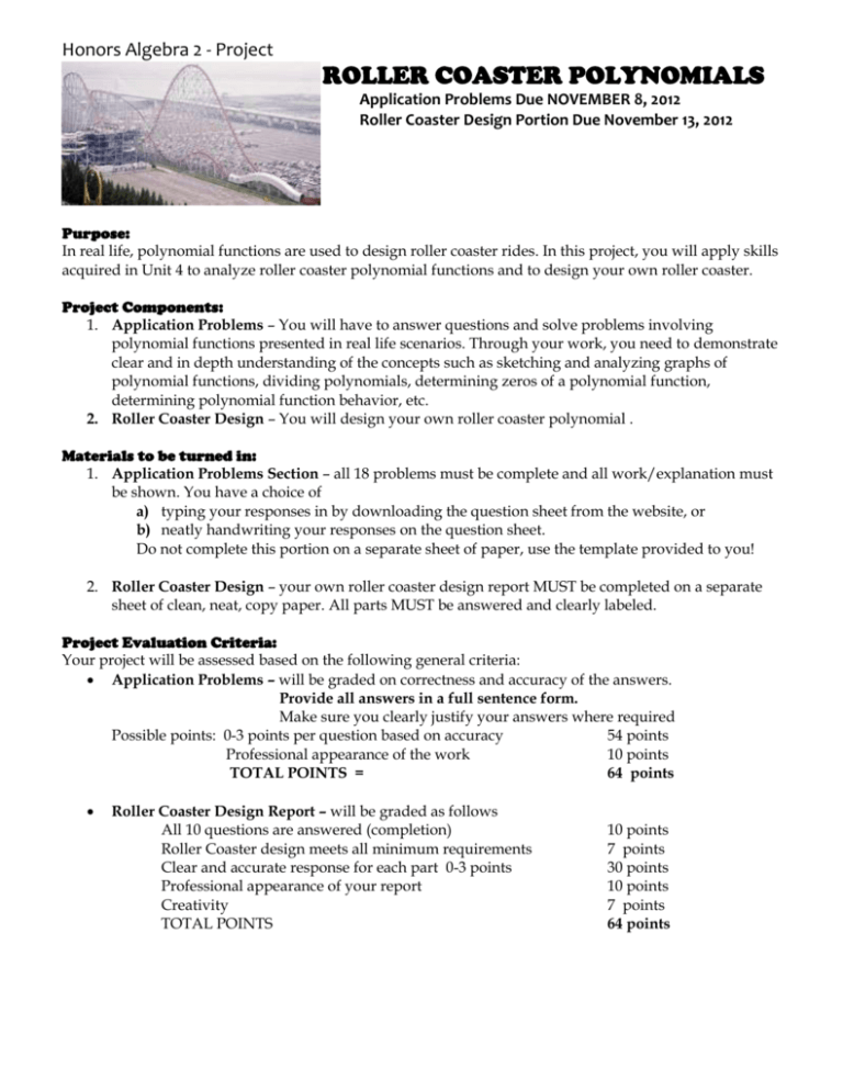 Honors Algebra 2 - Project ROLLER COASTER POLYNOMIALS