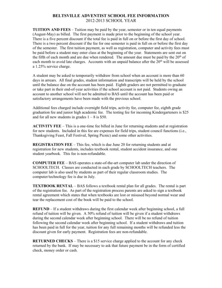 BELTSVILLE ADVENTIST SCHOOL FEE INFORMATION