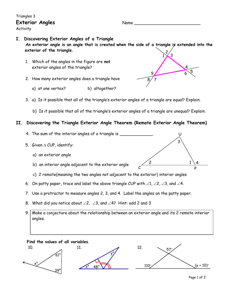 I. Discovering Exterior Angles of a Triangle Throughout Exterior Angle Theorem Worksheet