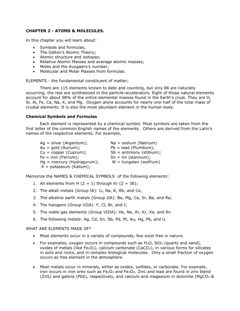 CHAPTER 2 - ATOMS & MOLECULES