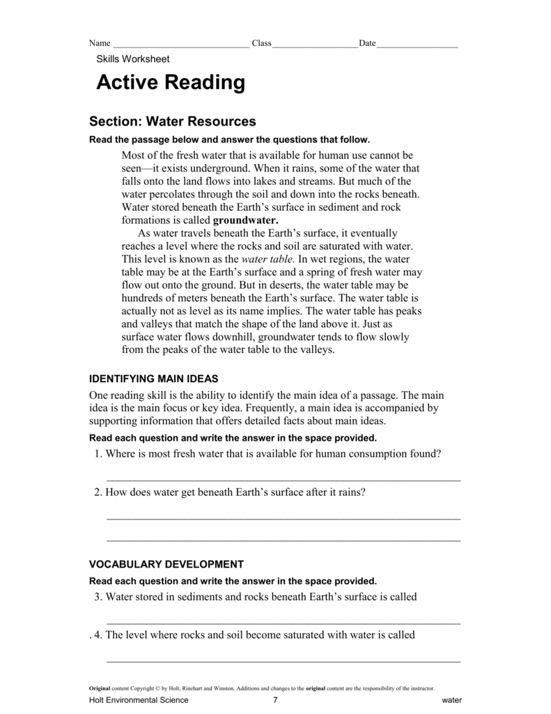 Active Reading: Water Resources With Regard To Skills Worksheet Active Reading
