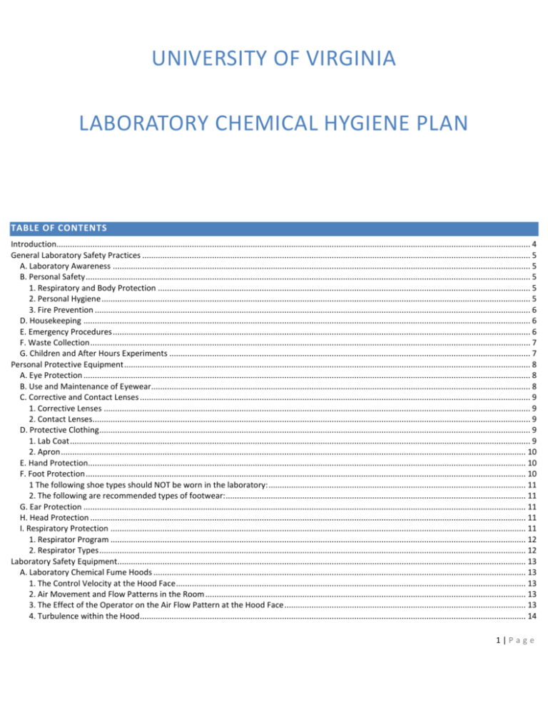 Chemical Hygiene Plan University of Virginia