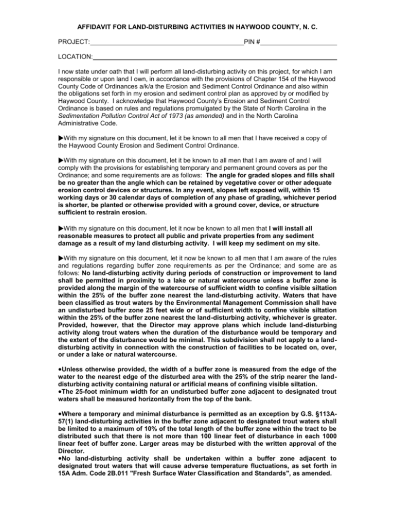 Affidavit for LandDisturbing Activities