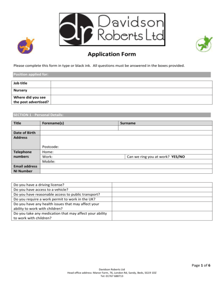 Job Application form Manor Farm Day Nursery