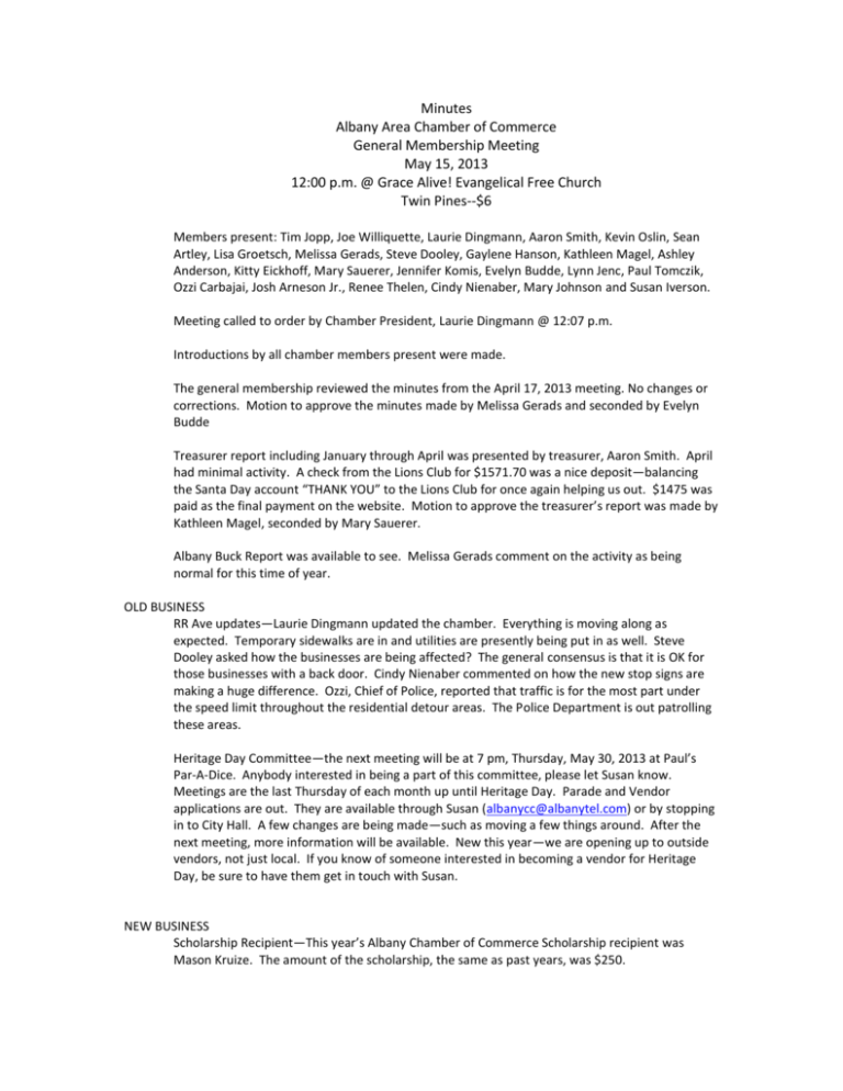 May Minutes Albany MN Chamber of Commerce