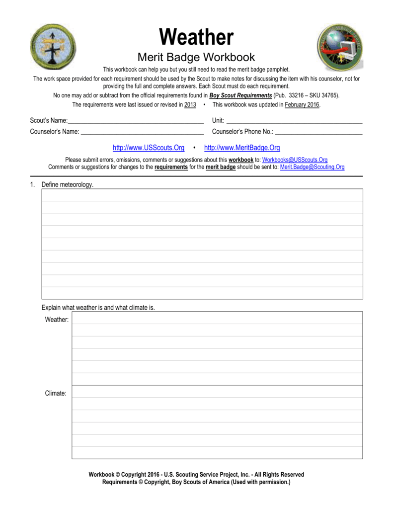 Weather - US Scouting Service Project With Weather Merit Badge Worksheet