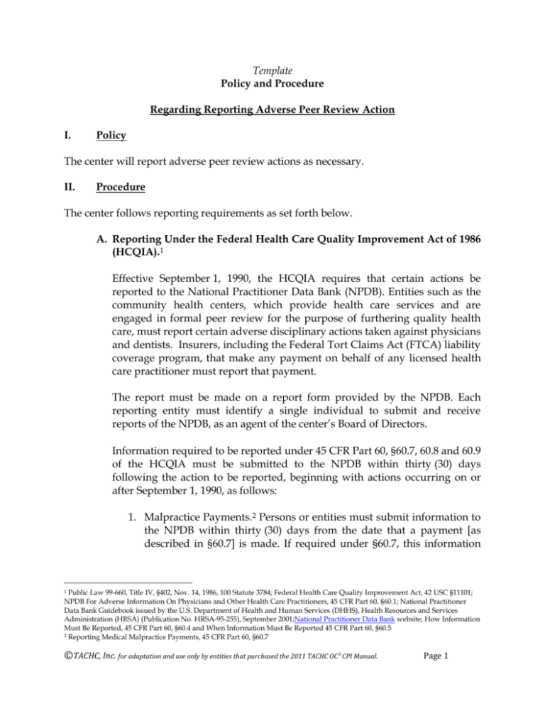 Reporting Adverse Peer Review Action