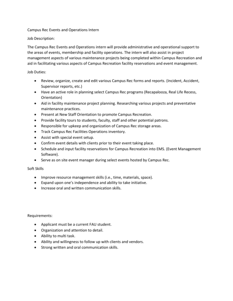 Hotel Operations Intern Job Description