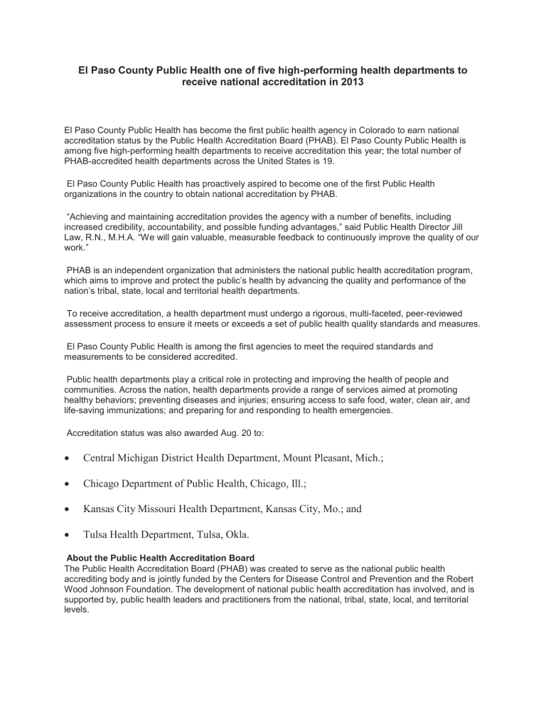 El Paso County Public Health one of five high