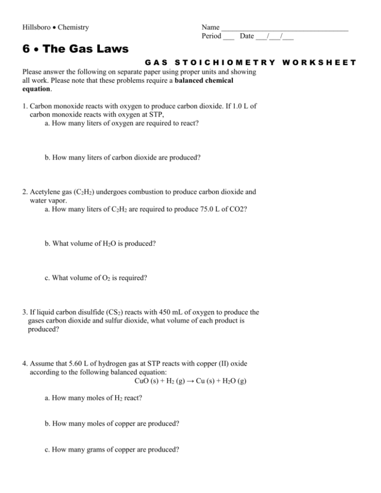 gas stoichiometry worksheet