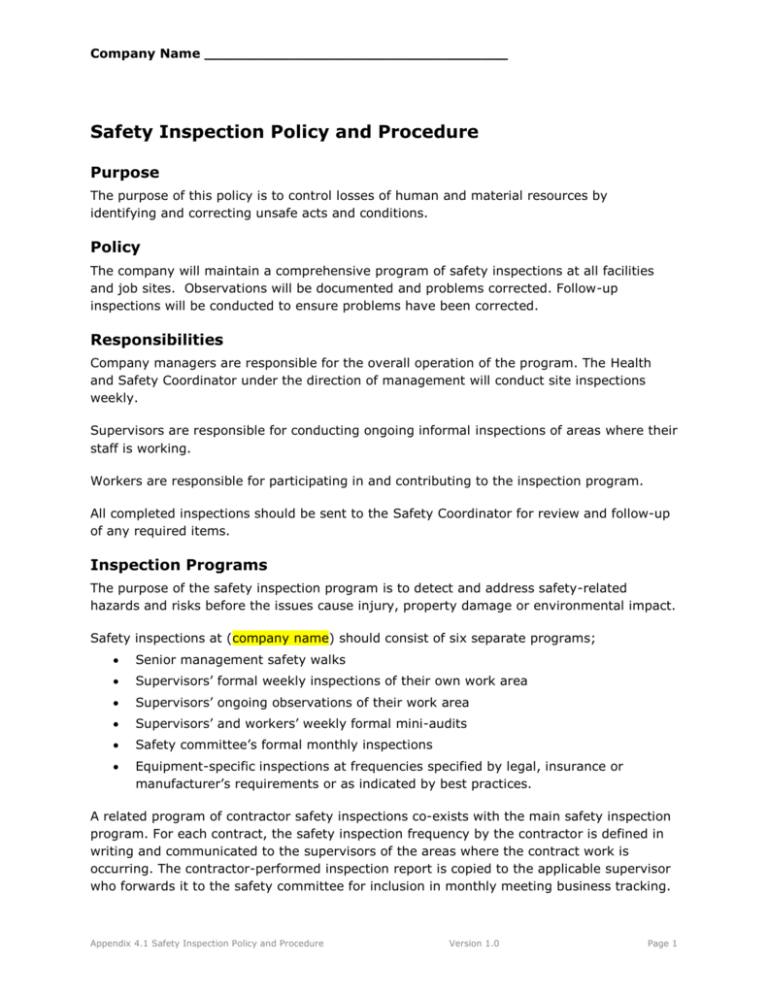 Safety Inspection Policy and Procedure