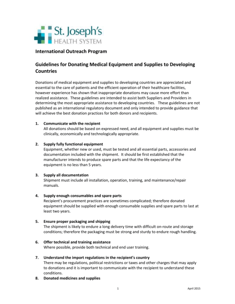 Guidelines for Donating Medical Equipment and Supplies