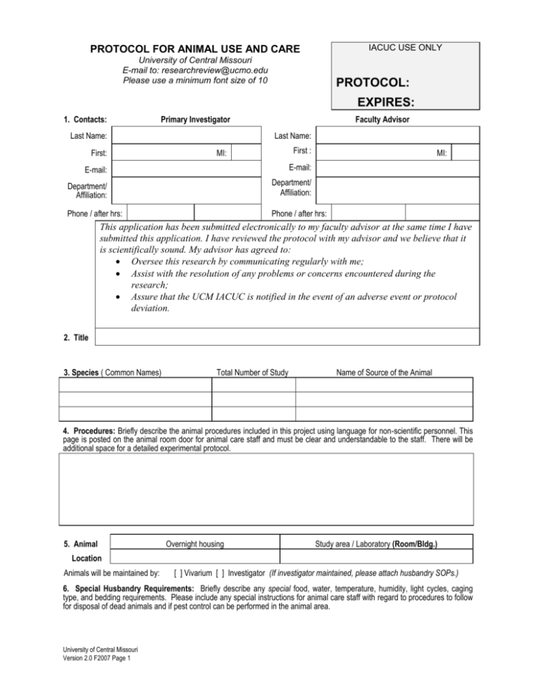 Protocol For Animal Use and Care