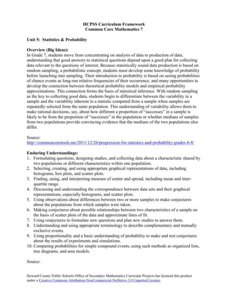 HCPSS Curriculum Framework Grade 7 Unit 5 Statistics and