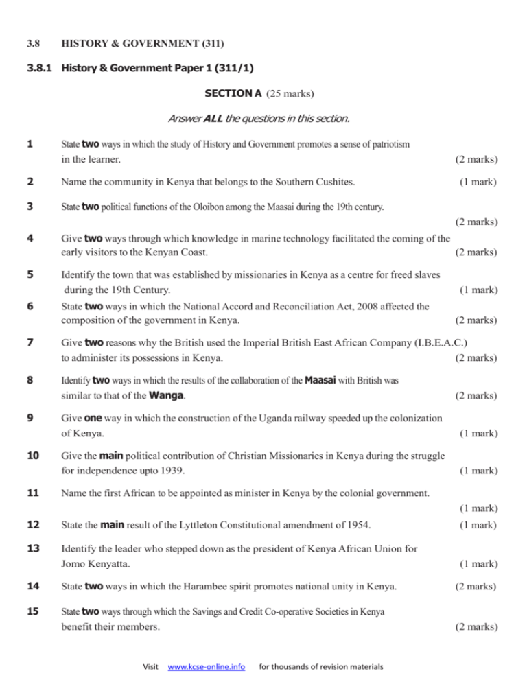 2013 kcse history government questions KCPEKCSE