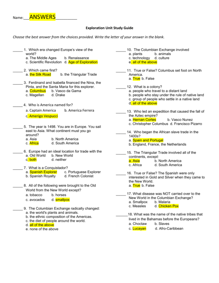 Study Guide Answers