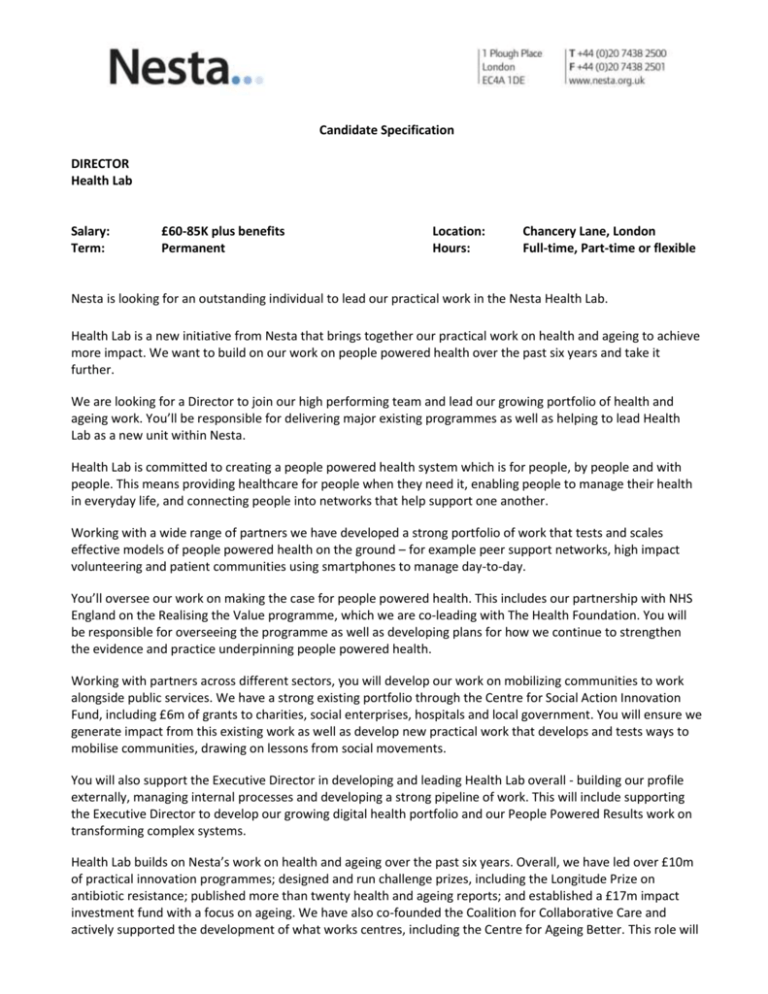 Candidate Specification DIRECTOR Health Lab Salary £60