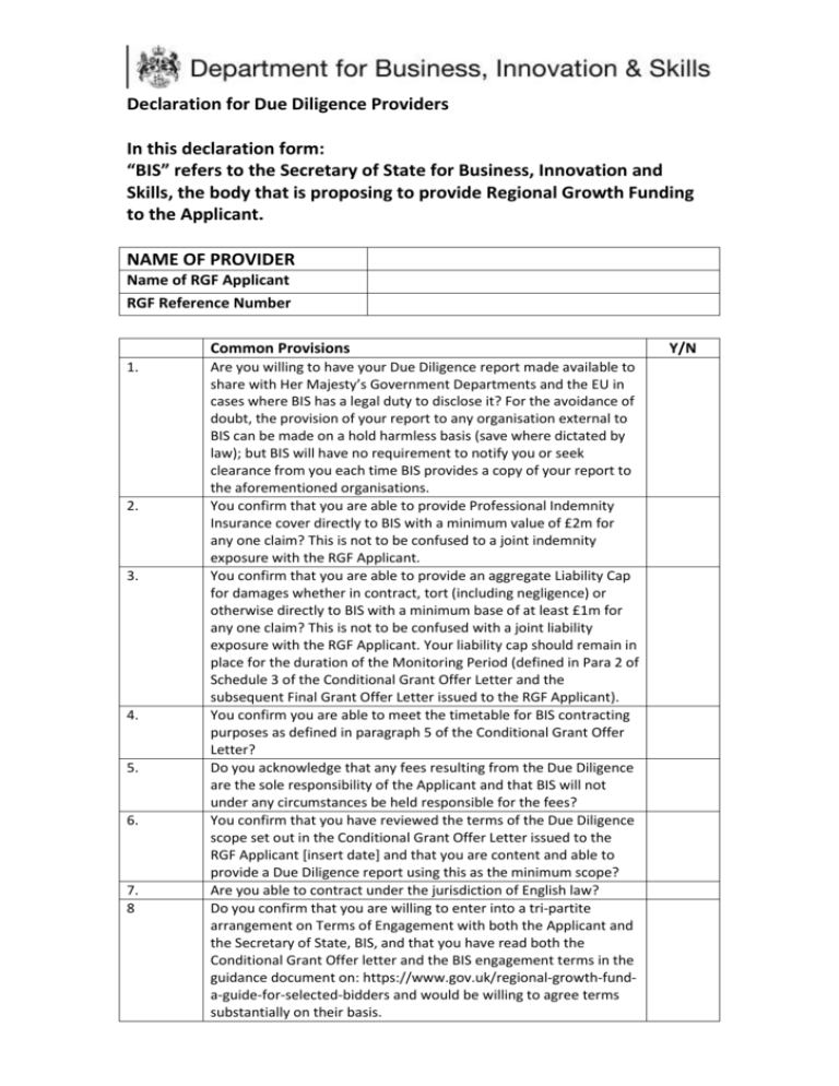 declaration for due diligence providers