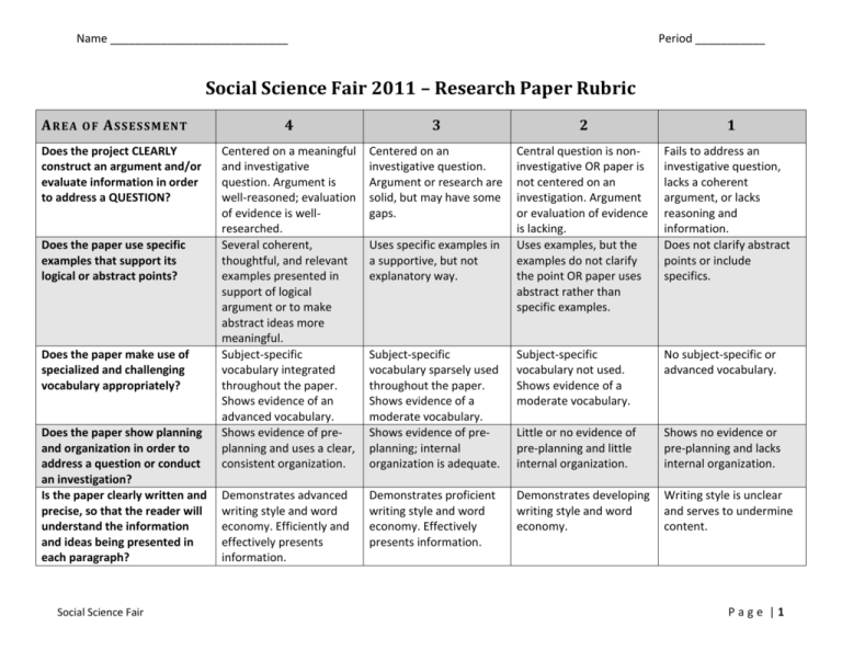 social studies research paper rubric