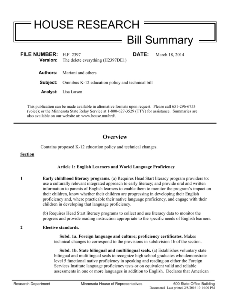 Bill Summary Minnesota House of Representatives