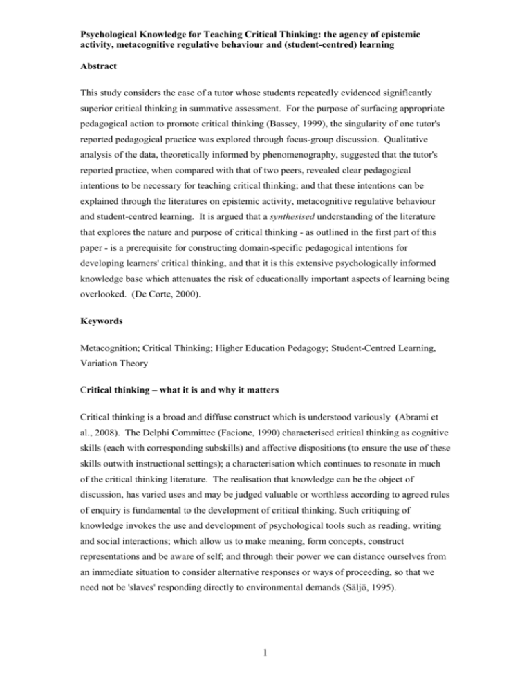 teaching and assessing critical thinking skills for argument analysis in psychology