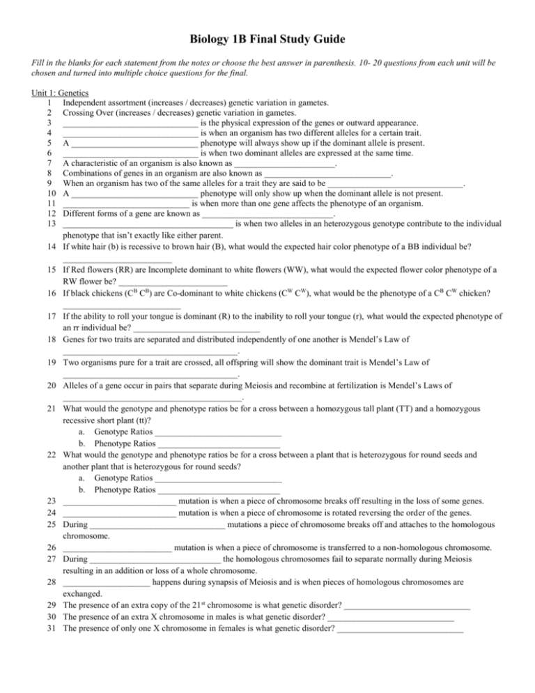 Biology 1B Final Study Guide