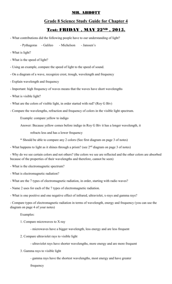 MR. ABBOTT Grade 8 Science Study Guide for Chapter 4 Test