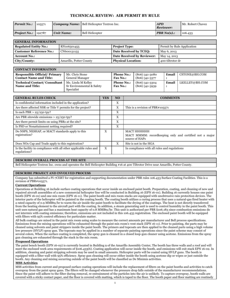 TECHNICAL REVIEW: AIR PERMIT BY RULE Permit No.: 105571