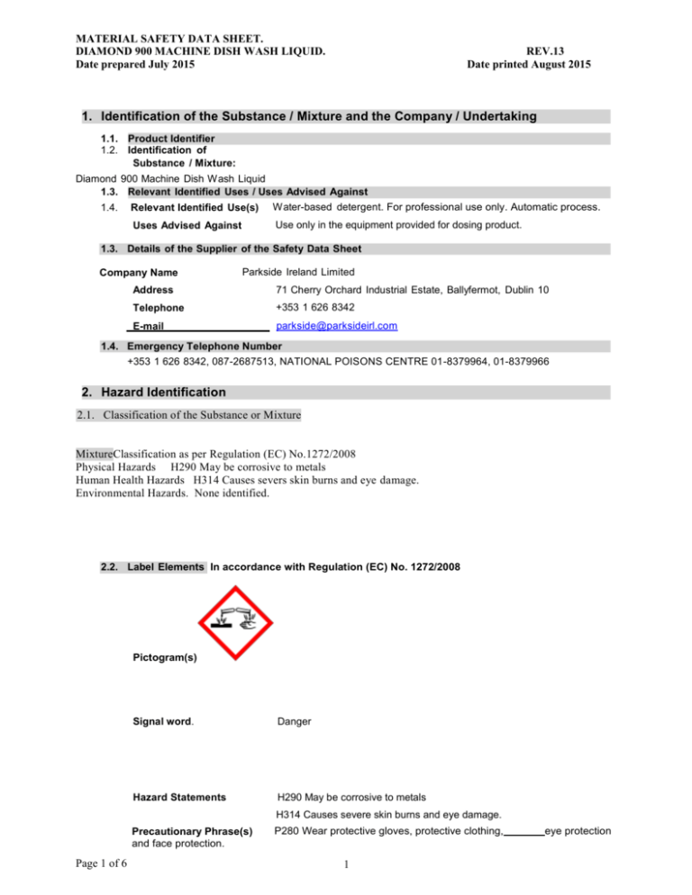 Diamond 900 Machine Dish Wash Liquid MSDS