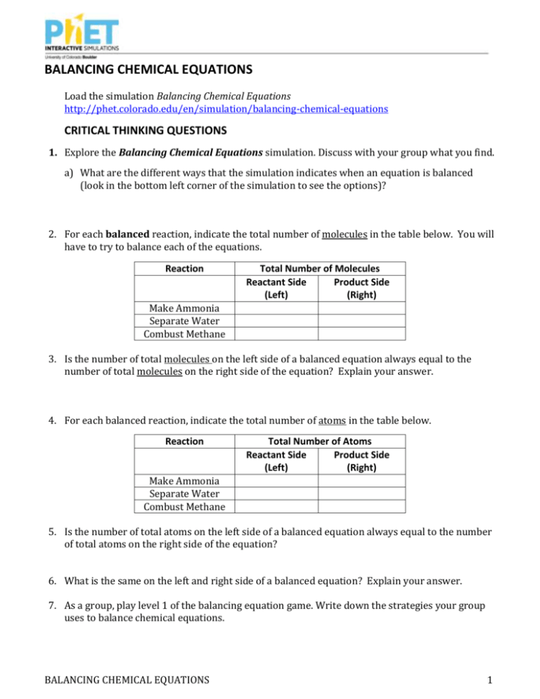 Phet Balancing Chemical Equations Worksheet Answers Printable Word