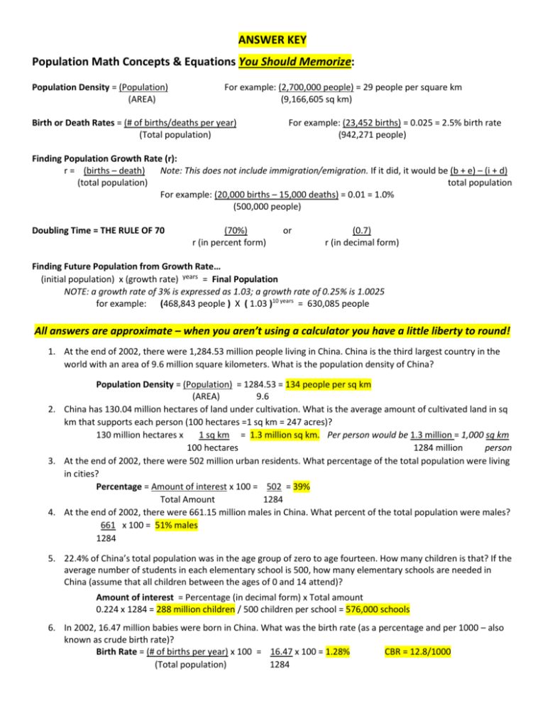 Population Math Review - ANSWER KEY