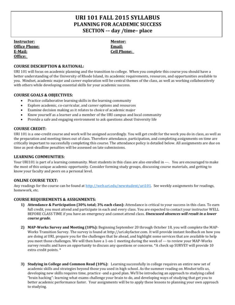 URI 101 FALL 2015 Syllabus Template