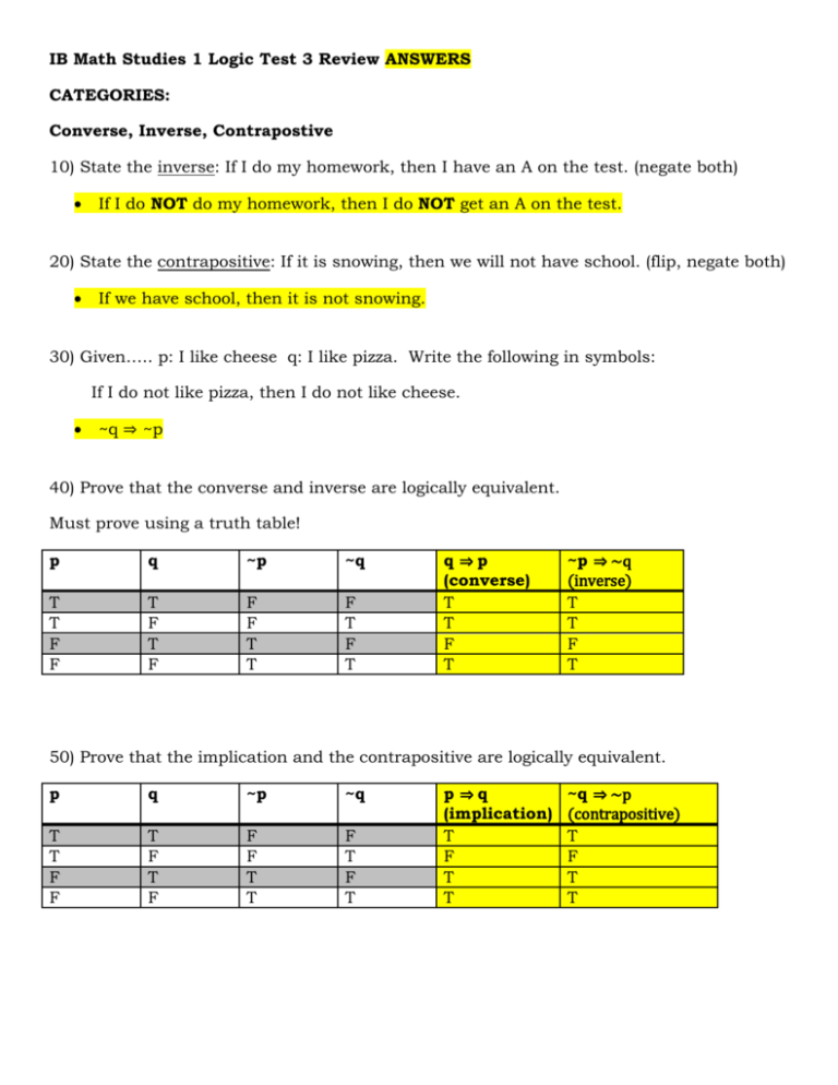 Logic Test 3 Review ANSWERS