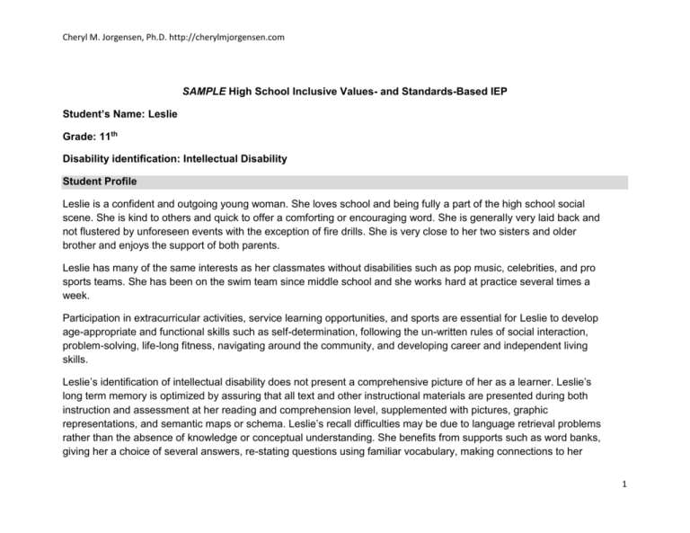 SAMPLE High School IEP Cheryl M Jorgensen Ph D 