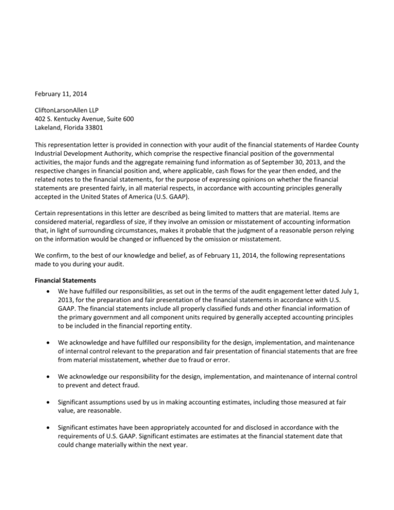 management representation letter for non profit organization