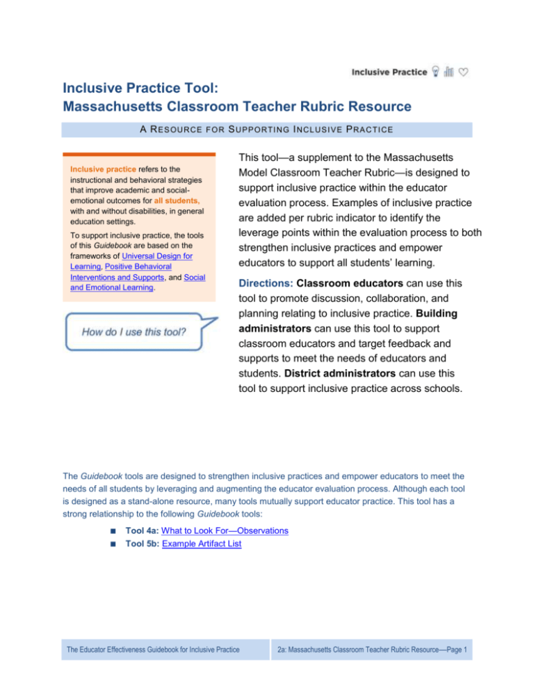 Inclusive Practice Tool Massachusetts Classroom Teacher Rubric