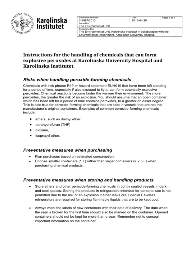 Instructions for the handling of chemicals that can form explosive