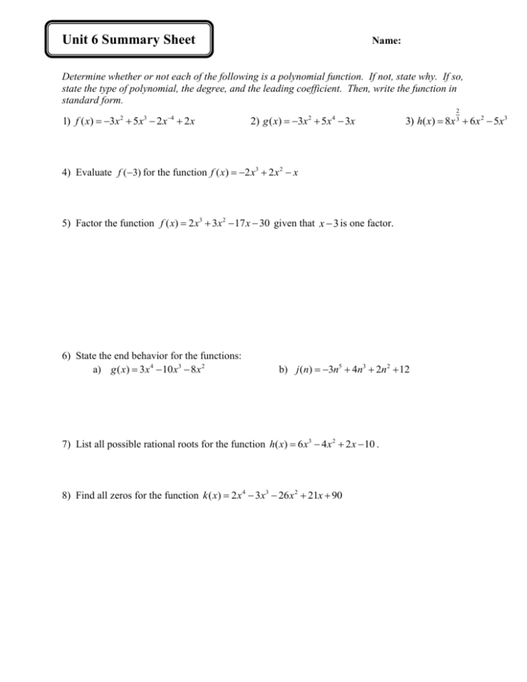 Unit 6 Summary Sheet