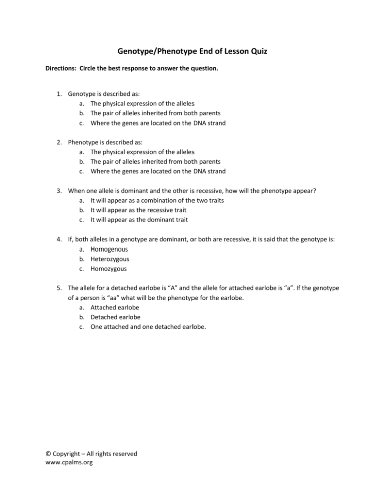 Genotype/Phenotype Summative Quiz
