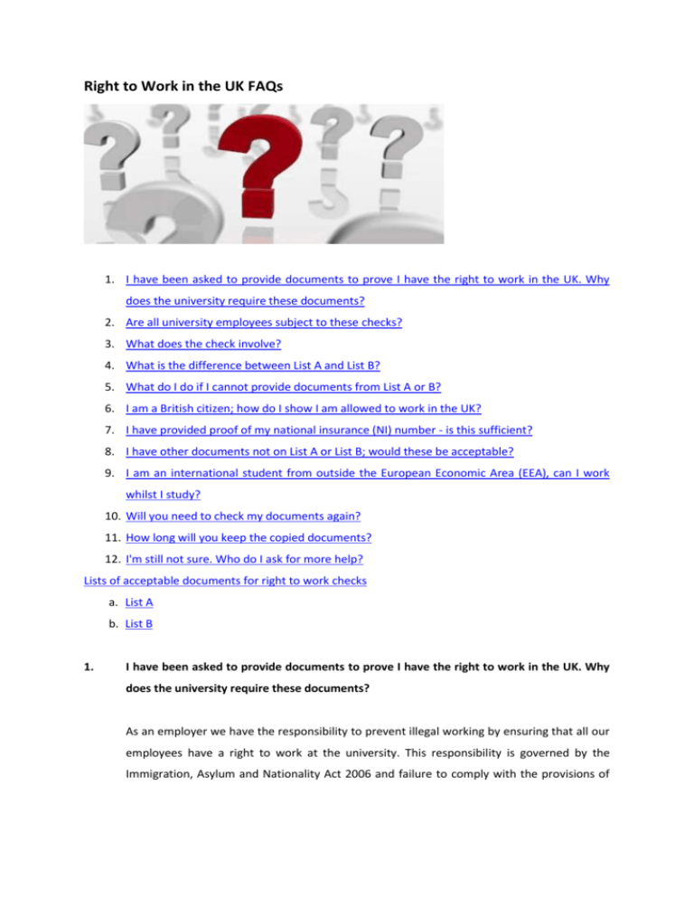 Lists of acceptable documents for right to work checks