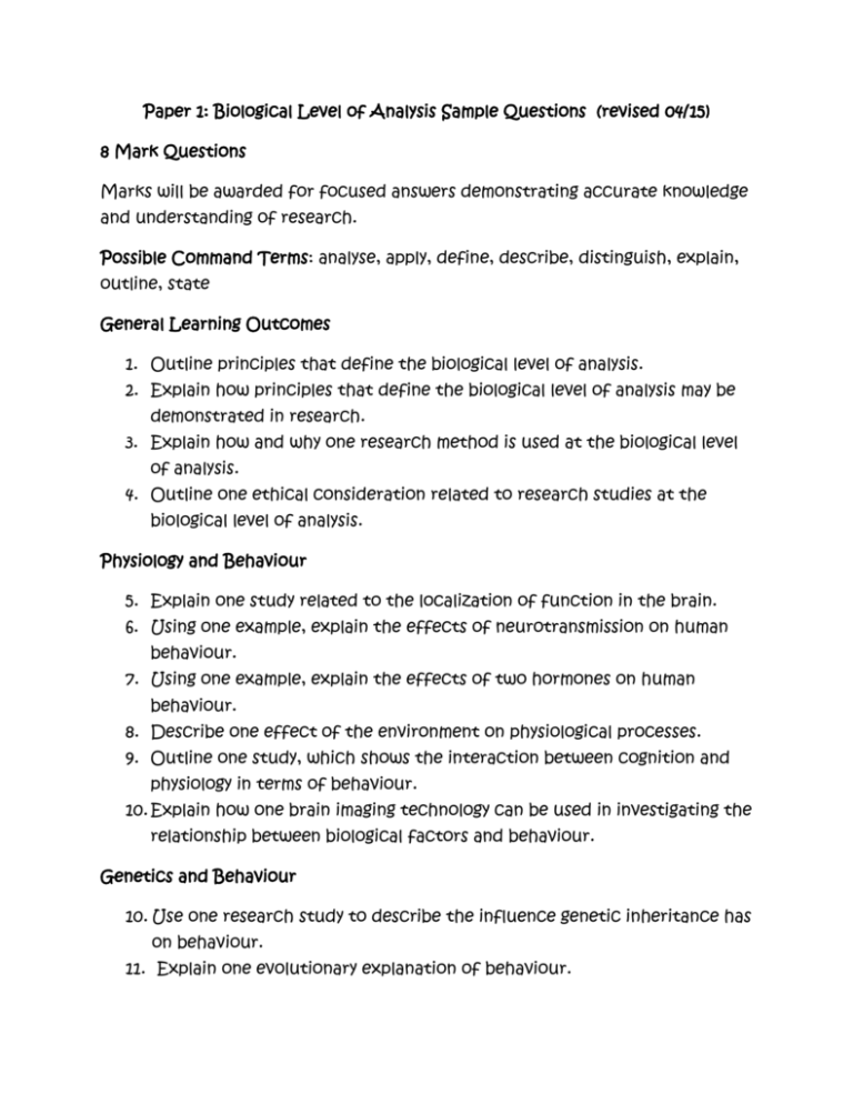 Biological Level Of Analysis Sample Questions